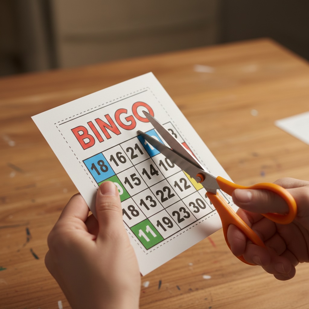 Hands cutting out printed bingo cards with scissors